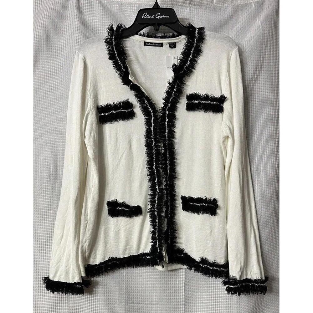 NWT‎ Michael Simon Womens Long Sleeve Ivory Black Sweater Jacket Size PL